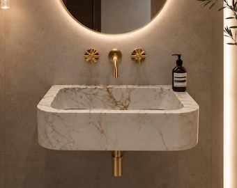 Calacatta Gold Marble Wall Mounted Sink – Hand Carved Natural Stone Luxury Bathroom Vanity