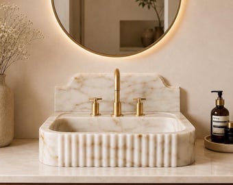 Calacatta Gold Marble Sink with Backsplash, Fluted Wall Mounted Bathroom Vanity