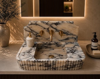 Calacatta Viola Marble Bathroom Sink – Fluted Wall Mounted Vanity Basin with Backsplash
