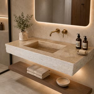 May include: A wall-mounted beige travertine stone sink with a rectangular basin, featuring a brass wall-mounted faucet and handle. The setup includes a potted plant, two brown soap bottles, a bar of soap, a wooden shelf, and folded towels.