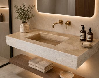 Travertine Natural Stone Sink – Wall Mounted Rustic Farmhouse Bathroom Vanity Sink