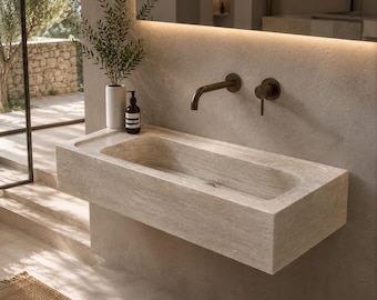 Handgefertigtes Travertin Waschbecken - Naturstein Badezimmer Waschbecken - Wand Montiert oder Arbeitsplatte Waschtisch - 70x34x15cm