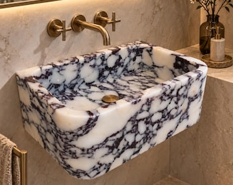Calacatta Viola Marble Vanity Sink – Handmade Natural Stone Wall Mounted Bathroom Basin