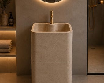 Handcrafted Travertine Pedestal Sink – Luxury Natural Stone Freestanding Bathroom Sink