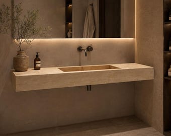 Custom Travertine Wall Mounted Sink – Hand Carved Long Rectangular Natural Stone Vanity Basin