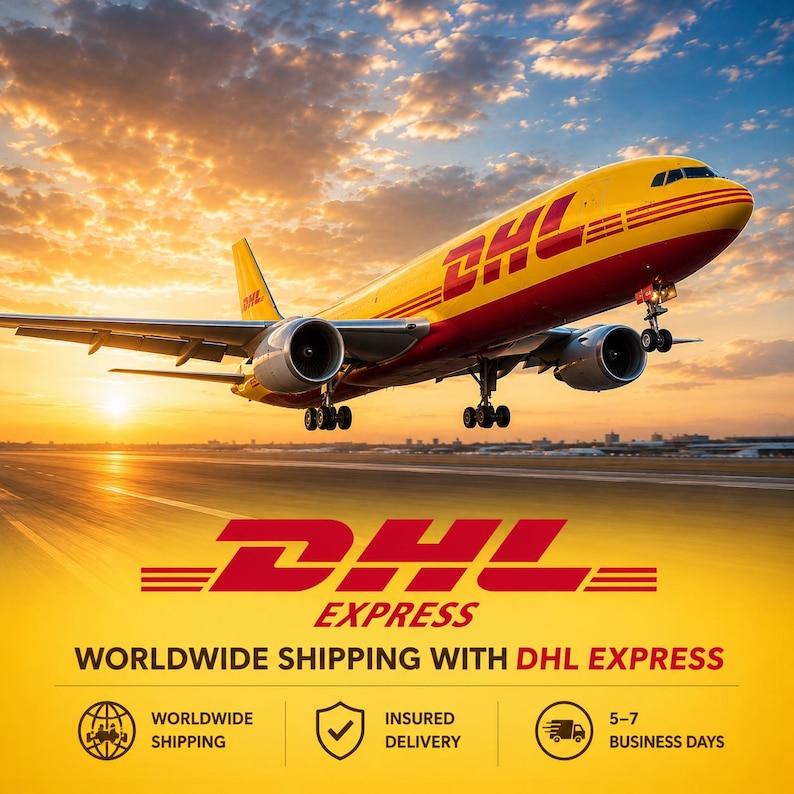 May include: A yellow and red DHL cargo airplane in flight against a sunset sky. The image features the DHL logo, the text DHL EXPRESS, and icons representing worldwide shipping, insured delivery, and a 5-7 business day timeframe for delivery.