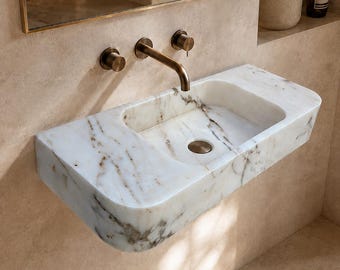 Handgefertigtes Waschbecken aus Calacatta-Gold-Marmor – Luxuriöses, wandmontiertes Waschtischwaschbecken