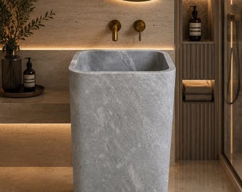 Grey Marble Pedestal Sink – Handcrafted Freestanding Stone Bathroom Sink