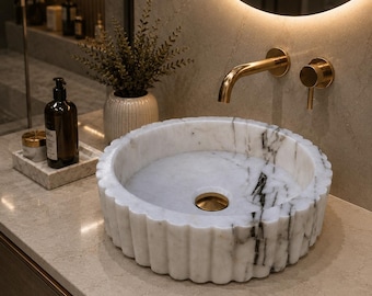 Lilac Marble Vessel Sink – Natural Stone Fluted Countertop Vanity Sink