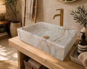 Calacatta Gold Marble Sink Wall Mounted Bathroom Vanity Luxury Stone Basin Custom Natural Marble Powder Room Sink
