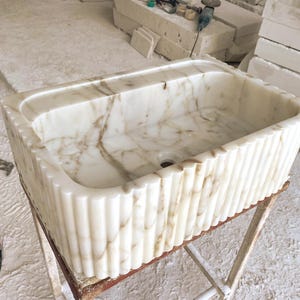 Calacatta Gold Marble Sink, Customizable Sink, Three-Sided Grooved sink, Hand Carved Marble Sink, Rustic Bathroom Basin, Wall Mounted Sink