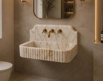 Calacatta Gold Marble Bathroom Vanity with Fluted Front, Wall Mounted Sink with Backsplash