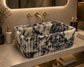 Fluted Calacatta Viola Marble Vessel Sink – Luxury Bathroom Vanity Basin