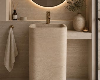 Handmade Travertine Pedestal Sink – Natural Stone Freestanding Luxury Bathroom Vanity Sink