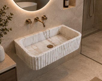 Wandwaschbecken aus Calacatta-Gold-Marmor – geriffeltes, handgeschnitztes Badezimmerwaschbecken