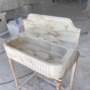calacatta gold marble sink, bathroom sink, wall mount marble sink, powder room sink, custom order sink, gold sink with grooved front, sinks