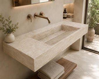 Large Travertine Bathroom Sink with Concealed Drain