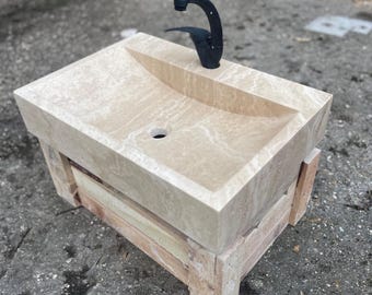 Handcrafted Travertine Marble Wall Mount Sink: Custom Bathroom Vanity