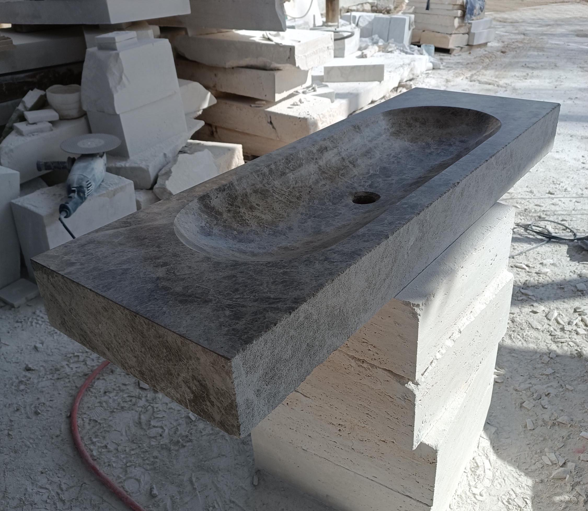 Handcrafted Grey Marble Wall-Mount Sink: Natural Stone Bathroom Basin (45"x16"x5")