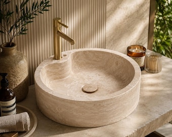 Handgefertigte Beige Travertin Sink- Runde Naturstein Gefäß Waschbecken-Beige Travertin Waschbecken