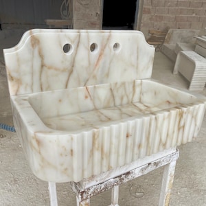 calacatta gold marble sink, bathroom sink, wall mount marble sink, powder room sink, custom order sink, with grooved front sink