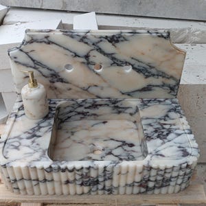 Calacatta Viola Marble Sink, Handmade Grooved Bathroom Basin (27.5&quot;x16&quot;x6&quot;) Wall Mount Sink
