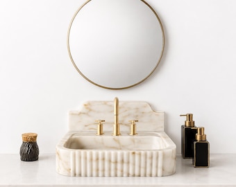 Calacatta Gold Marble Sink: Grooved Front Wall Mount Basin, 24"