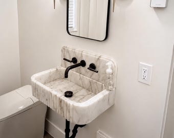 Calacatta Gold Marble Wall Mount Bathroom Sink: Grooved Front (24"x14"x5")