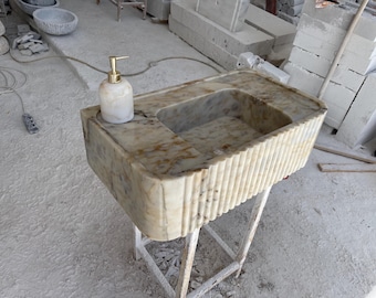 Handmade Calacatta Gold Marble Sink, Grooved Front Bathroom Basin, Wall Mounted Sink