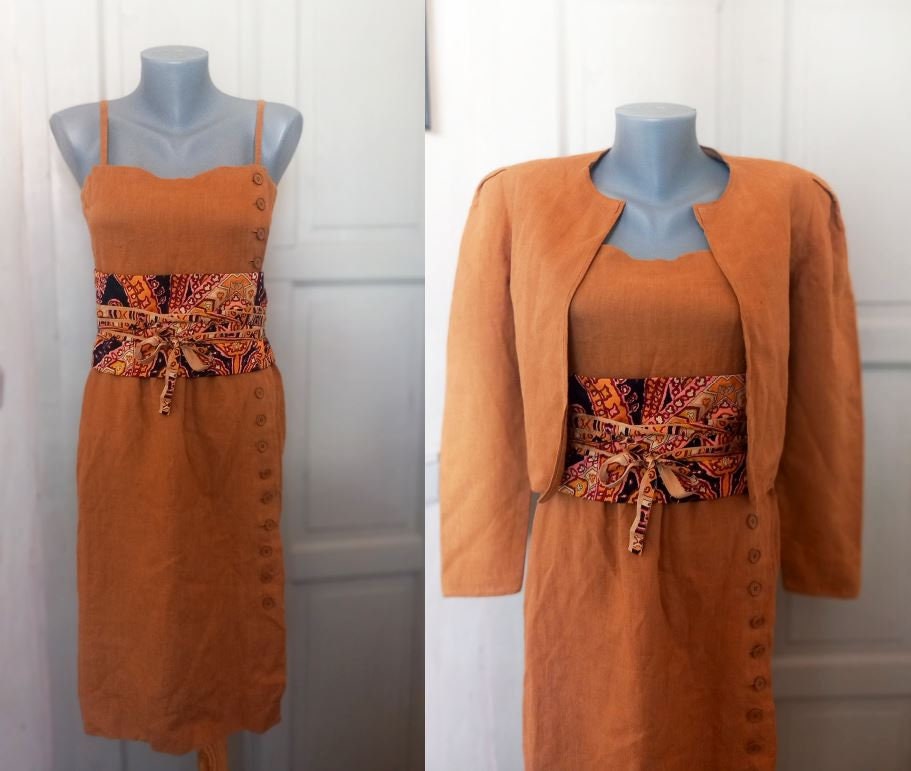 Rare LANVIN 70s HAUTE COUTURE - Ensemble dress, silk and Linen multicolored silk, cocktail dress/ Haute Couture numbered 13164