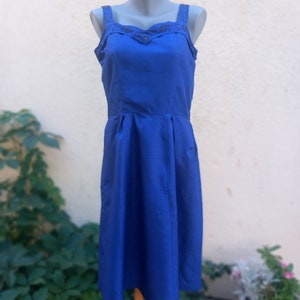 Dior blue 50s cocktail shantung dress, silk shantung and beaded embroidery, size L