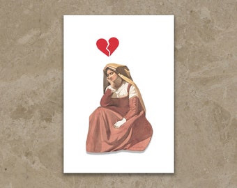Heart Broken Again Collage Art Print – Vintage 19th Century Italian Lady Drawing – Emotional Retro Wall Decor