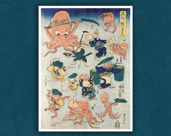 The Famous Octopus Games Canvas Print – Utagawa Kuniyoshi Ukiyo-e Art – Playful Japanese Myth Scene – Vintage Japan Reproduction