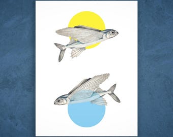 Flying Fish Art Poster – Nature Inspired Wall Decor – Beautiful Aquatic Animal Print – Minimalist Ocean Art