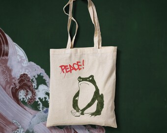 Peaceful Matcha Frog Tote Bag – Japanese Zen Frog Art – 100% Cotton Canvas Tote –Aesthetic Gift Idea