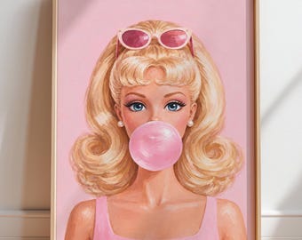 Retro Blonde Bubblegum Poster: Pink Pop Art Portrait With Sunglasses Wall Art Print (Digital Download)