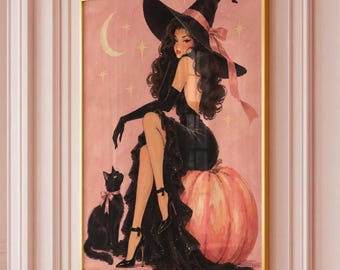Witch and Black Cat Print: Brunette Witch With Pumpkin, Halloween Wall Art (Digital Download)