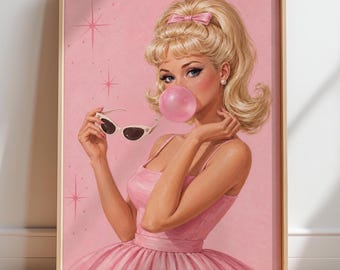 Blonde Pink Retro Doll Wall Art: Bubblegum Girl Holding Cat Eye Sunglasses (Digital Download)