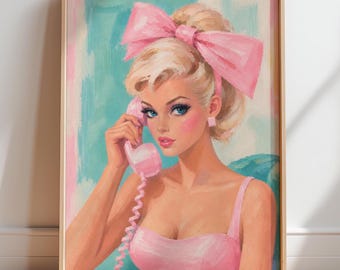 Retro Pink Doll Print: Blonde Girl With Pink Telephone and Bow Wall Art (Digital Download)