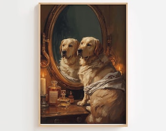 Stampa per bagno con Golden Retriever, divertente decorazione per bagno a tema spa con cane (download digitale)