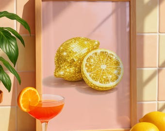 Disco Ball Lemon Print, Maximalist Food Art, Dopamine Kitchen Decor (Digital Download)