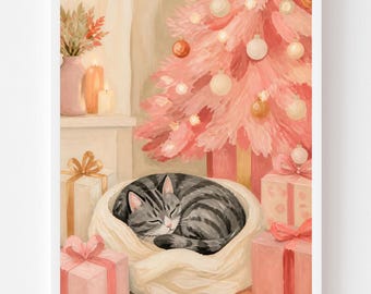 Gray Tabby Cat Christmas Portrait: Sleeping Cat Painting, Pink Christmas Tree Wall Art, Silver Tabby Cat Lover Gift (Digital Download)
