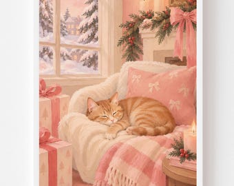 Cozy Orange Cat Christmas Portrait: Ginger Tabby Sleeping in Pink Chair (Digital Download)