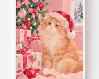 Orange Tabby Cat Painting in Santa Hat: Christmas Pet Portrait, Ginger Cat Wall Art, Pink Holiday Decor, Cat Lover Gift (Digital Download)