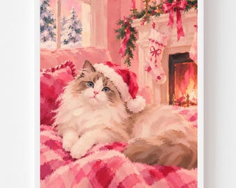 Ragdoll Cat Painting in Santa Hat: Christmas Pet Portrait by Fireplace, Cozy Pink Holiday Cat Art, Cat Lover Gift (Digital Download)