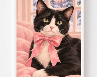 Tuxedo Cat Portrait: Pink Bow, Snowy Window Wall Art Print (Digital Download)