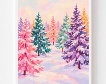 Pastel Christmas Tree Painting: Pink Snowy Forest Illustration, Colorful Winter Landscape, Girly Christmas Wall Art (Digital Download)