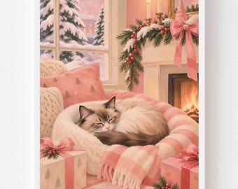 Ragdoll Cat Painting: Cat in Pink Chair by Fireplace Print, Cozy Christmas Cat Wall Art, Fluffy Cat Lover Gift (Digital Download)