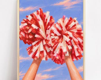 Sparkly Red Cheer Poms Wall Art: Varsity Sports Decor (Digital Download)