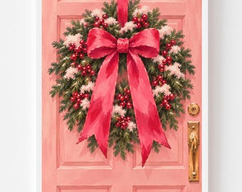 Pink Christmas Wreath Painting: Front Door Illustration, Red Bow Holiday Art, Girly Christmas Entryway Decor (Digital Download)
